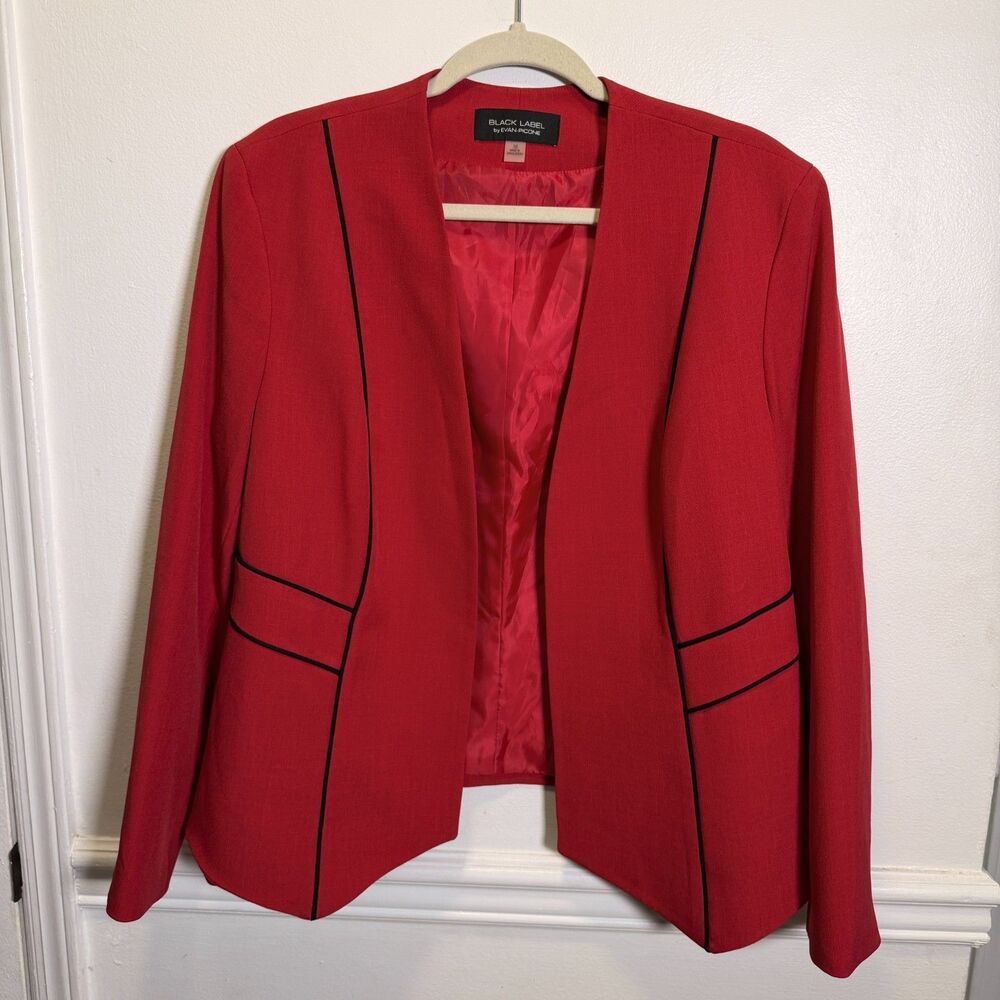 Black Label Evan Picone Blazer 16 Red Black Piping Open Front Career Jacket